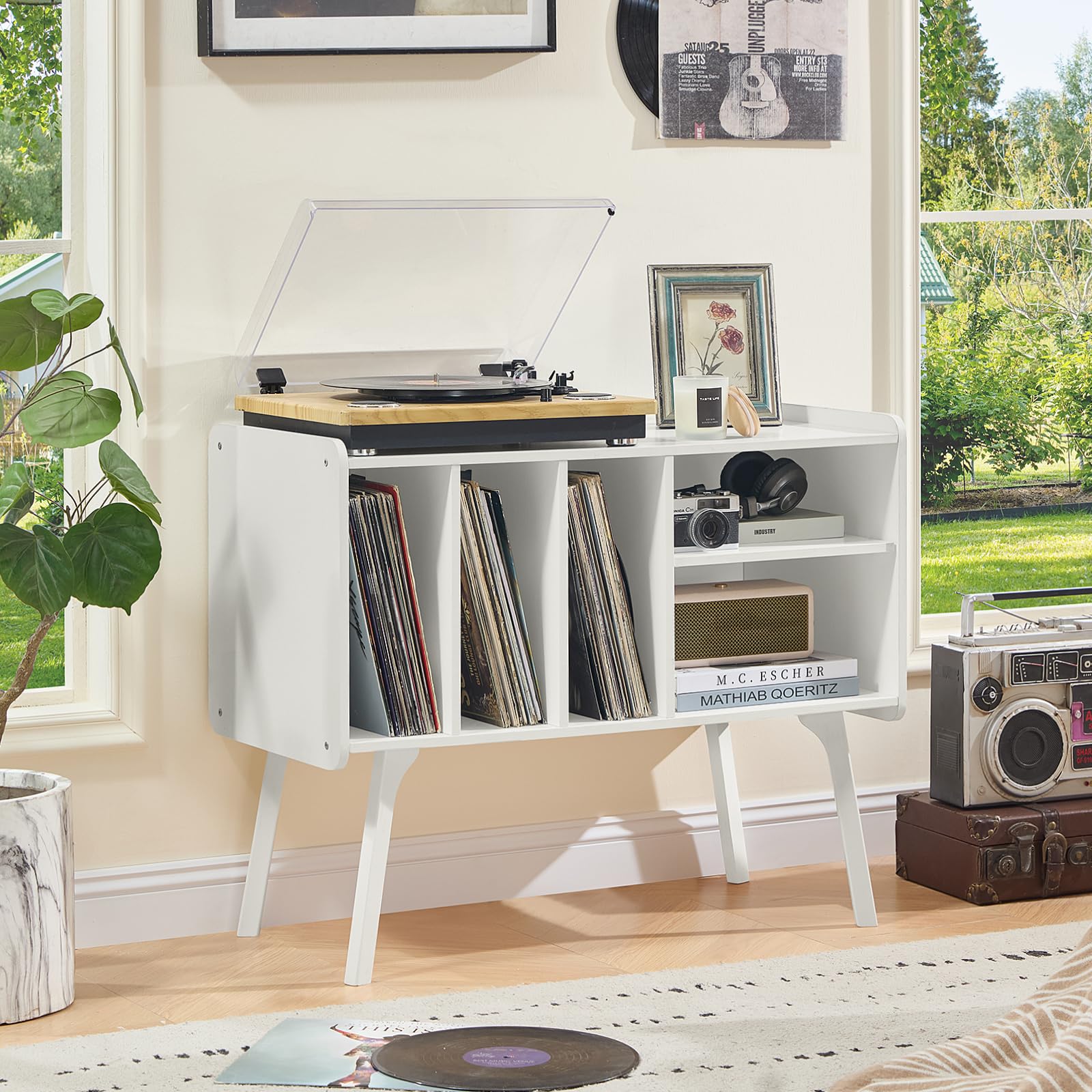 Lerliuo Record Player Stand with 4 Cabinet Holds Up to 220 Albums,Oak