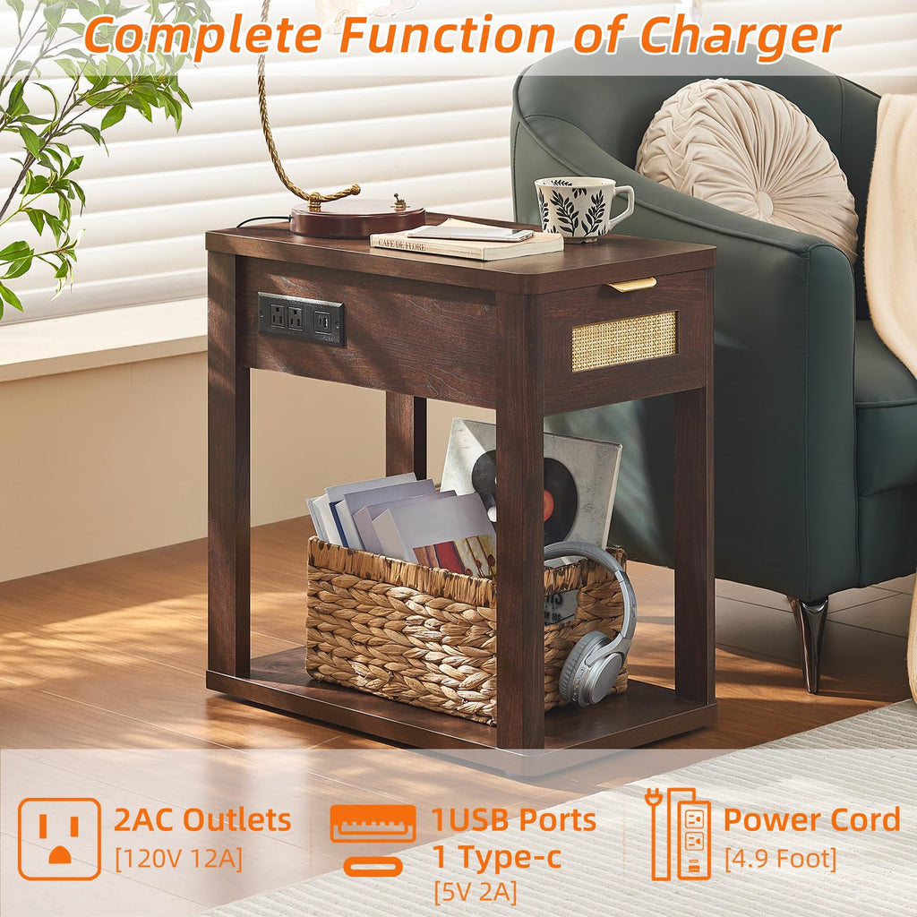 LEYAOYAO Narrow Side Table with Charging Station, Rattan 24 x 14''