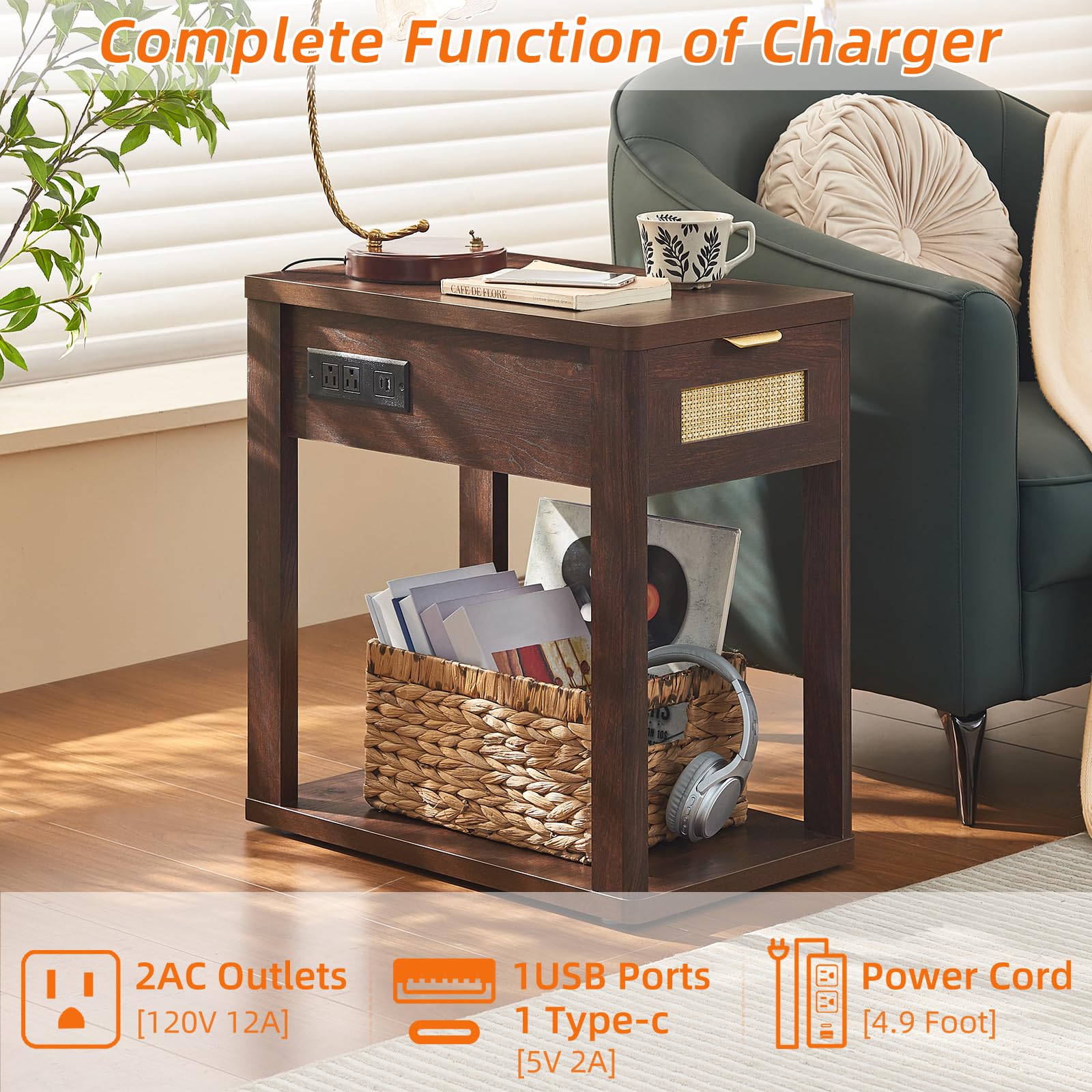 LEYAOYAO Narrow Side Table with Charging Station, Rattan 24 x 14''