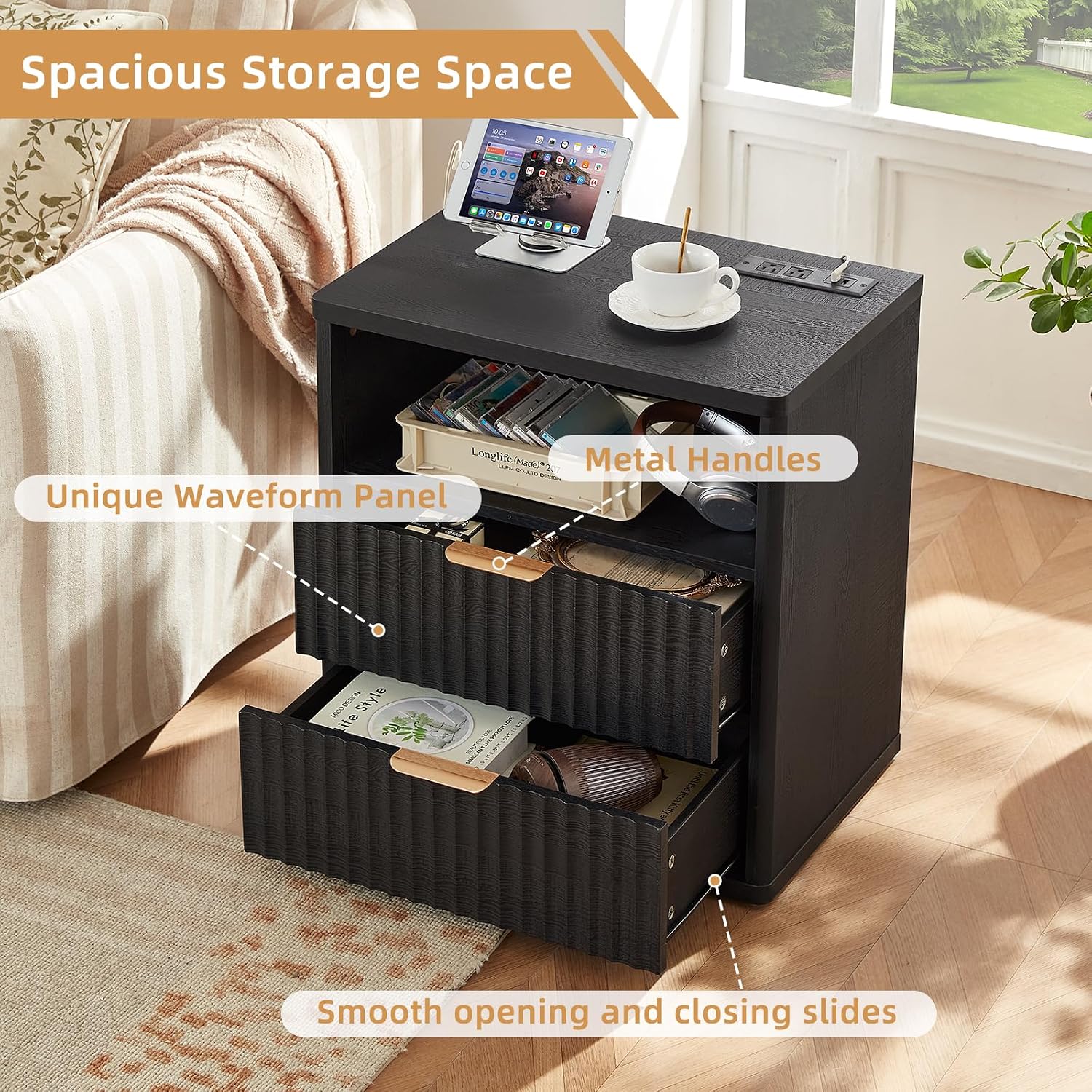 LEYAOYAO 23" Wide Fluted Night Stand with Charging Station, 2 Drawers Large End Table with Storage, LightGrey Nightstand Wood Bedside Tables, Farmhouse Cabinet Dresser for Bedroom, Closet