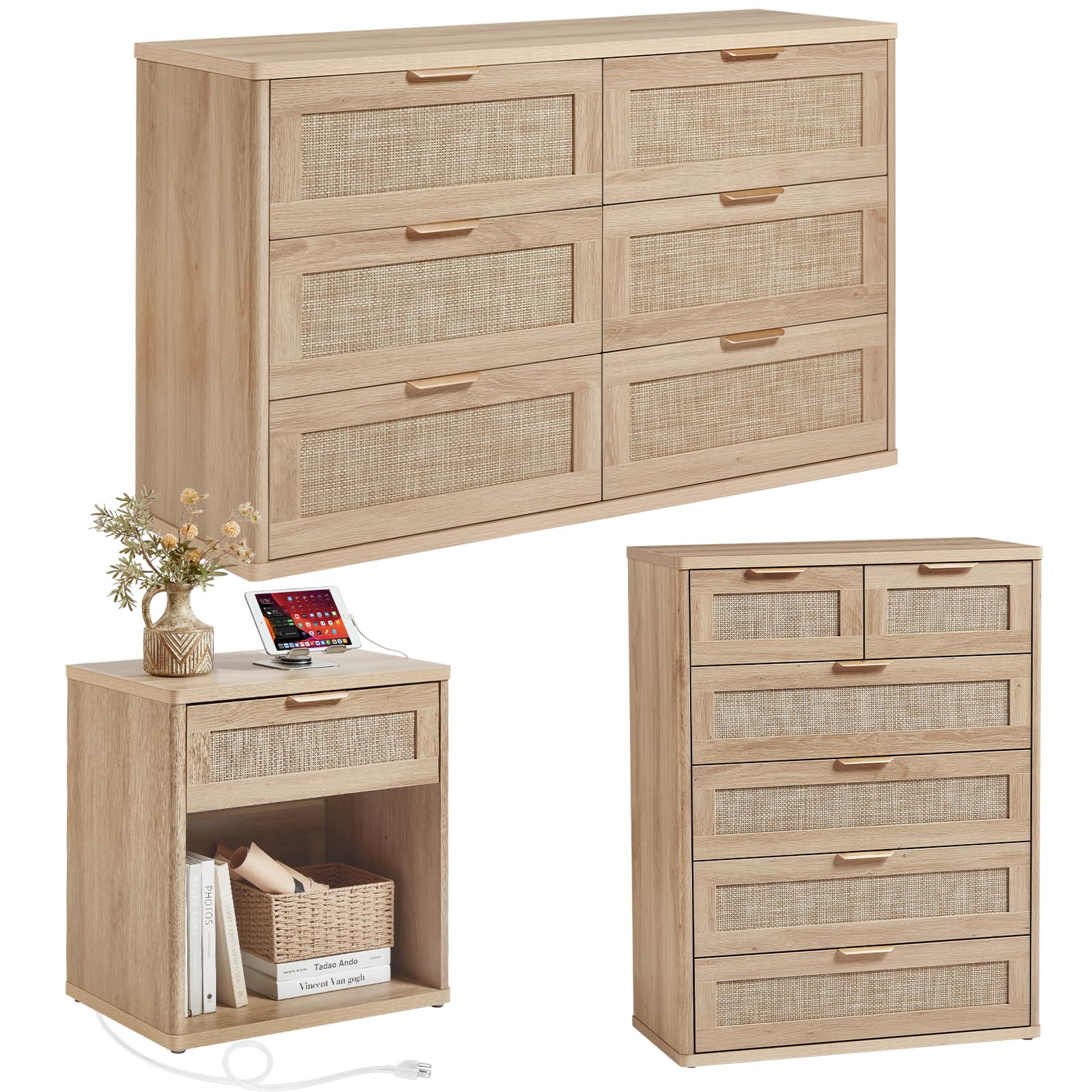 LEYAOYAO Rattan Dressers & Night Stand Set of 3, Boho Wood 48" Wide Dresser & 41"Tall Chest of Drawers, 23" with Charging Station Nightstand, Bedroom Furniture Dresser Set for Home Living Room Hallway