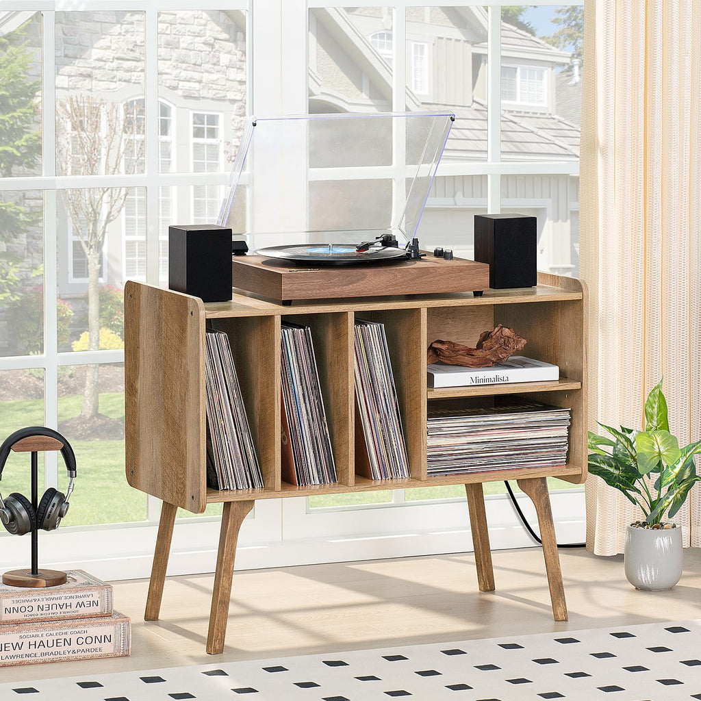 Lerliuo Record Player Stand with Charging Station Up to 220 Albums,Black
