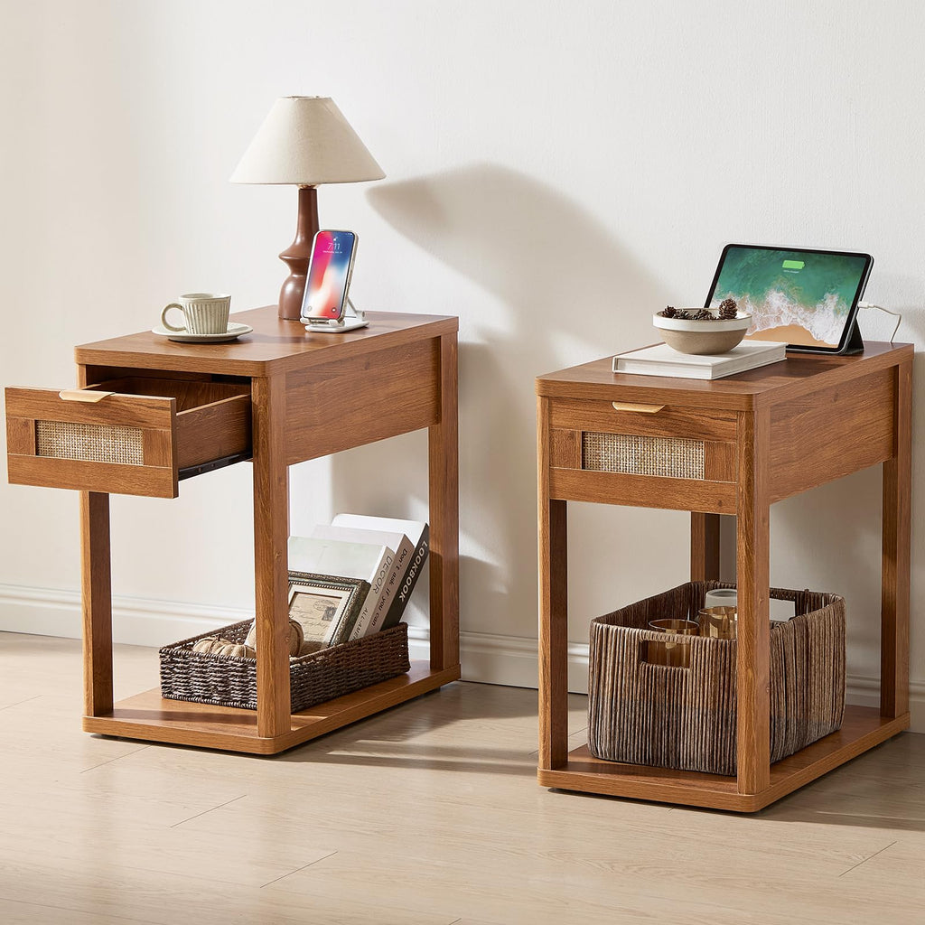 LEYAOYAO Narrow Side Table with Charging Station, Rattan 24 x 14''
