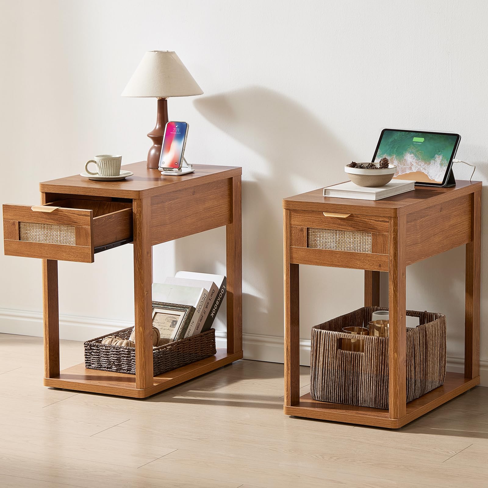 LEYAOYAO Narrow Side Table with Charging Station, Rattan 24 x 14''