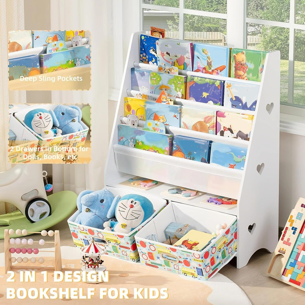 Lerliuo 5 Tier Kids Bookshelf, White Children Sling Book Shelf with 2 Drawers, Baby Toddler Wooden Bookcase and Book Rack, Display Shelves Storage Organizer for Classroom, Playroom, Bedroom, Nursery