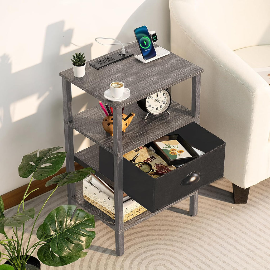 Lerliuo Nightstand Set of 2 with Charging Station and USB Ports, 3-Tier Storage End Table with Cloth Drawer Shelf, Night Stand for Small Spaces, Wood Bedside Table for Living Room, Bedroom - Grey
