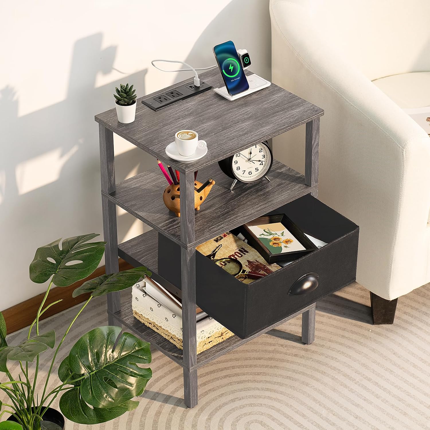 Lerliuo Nightstand Set of 2 with Charging Station and USB Ports, 3-Tier Storage End Table with Cloth Drawer Shelf, Night Stand for Small Spaces, Wood Bedside Table for Living Room, Bedroom - Grey