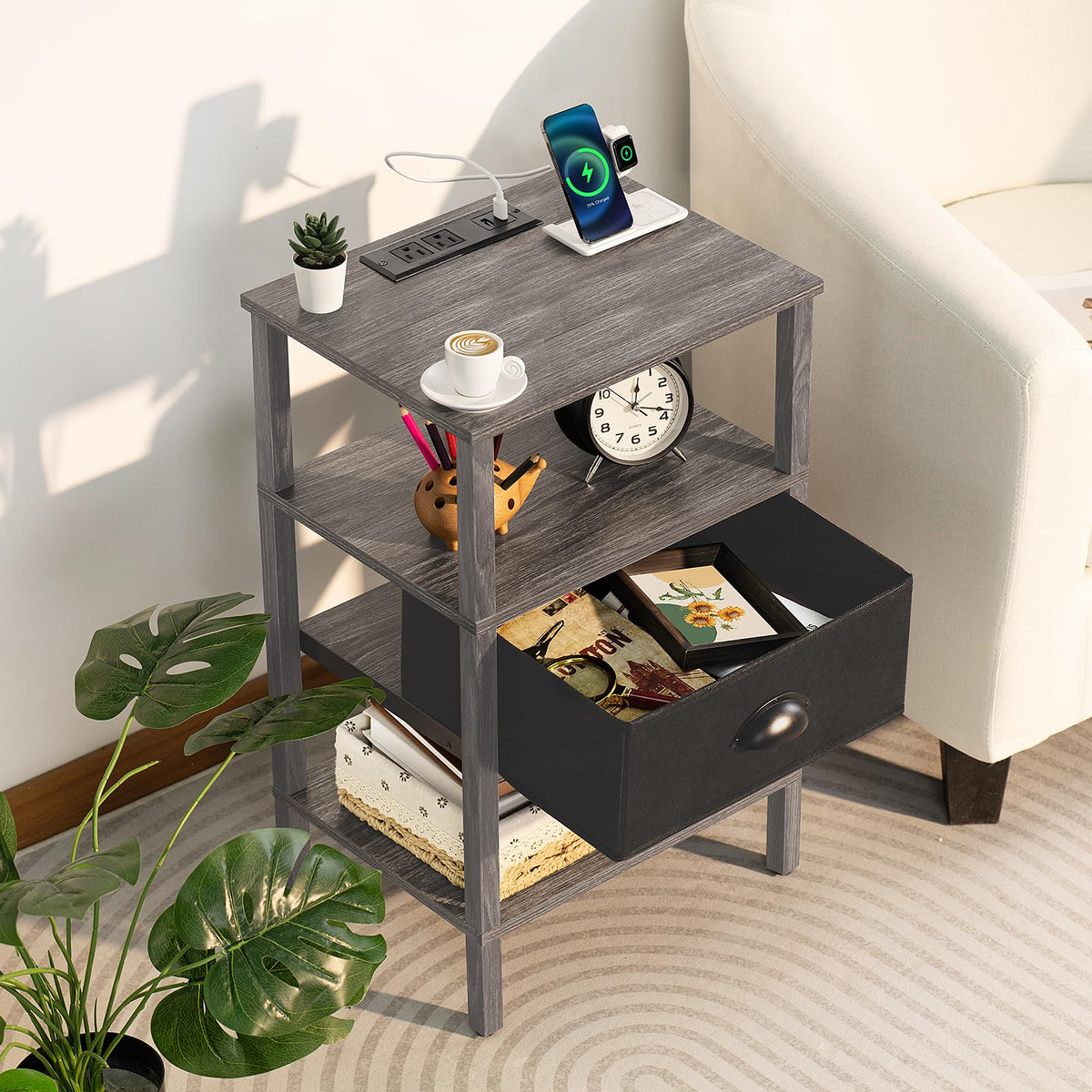 Lerliuo Nightstand Set of 2 with Charging Station and USB Ports, 3-Tier Storage End Table with Cloth Drawer Shelf, Night Stand for Small Spaces, Wood Bedside Table for Living Room, Bedroom - Grey