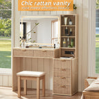 LEYAOYAO Fluted Makeup Vanity Desk with Mirror and Lights, Stool Sets