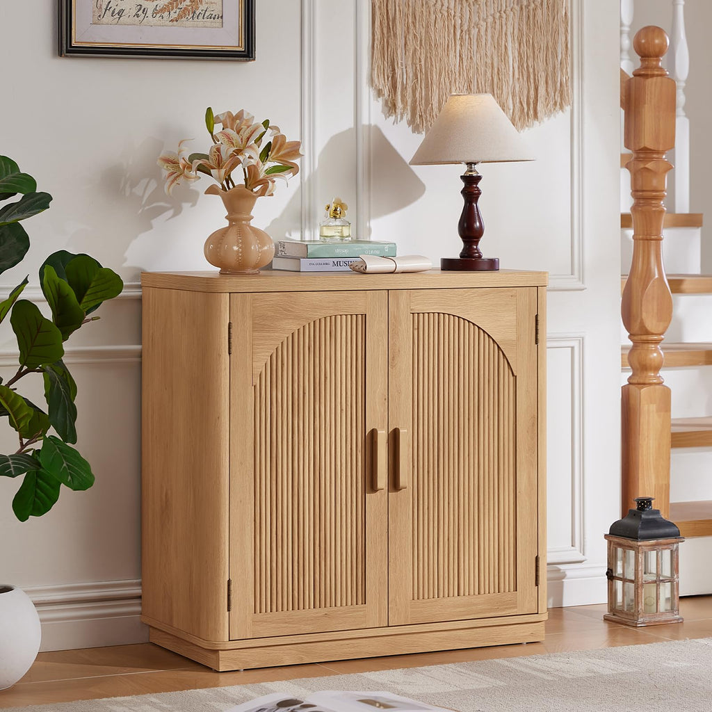 LEYAOYAO Fluted Buffet Cabinet with Storage, 31.5" Coffee Bar Cabinet with Arch Doors & Adjustable Shelves, Mid Century Modern Sideboard, Wood Credenza for Kitchen, Living Room, Natural