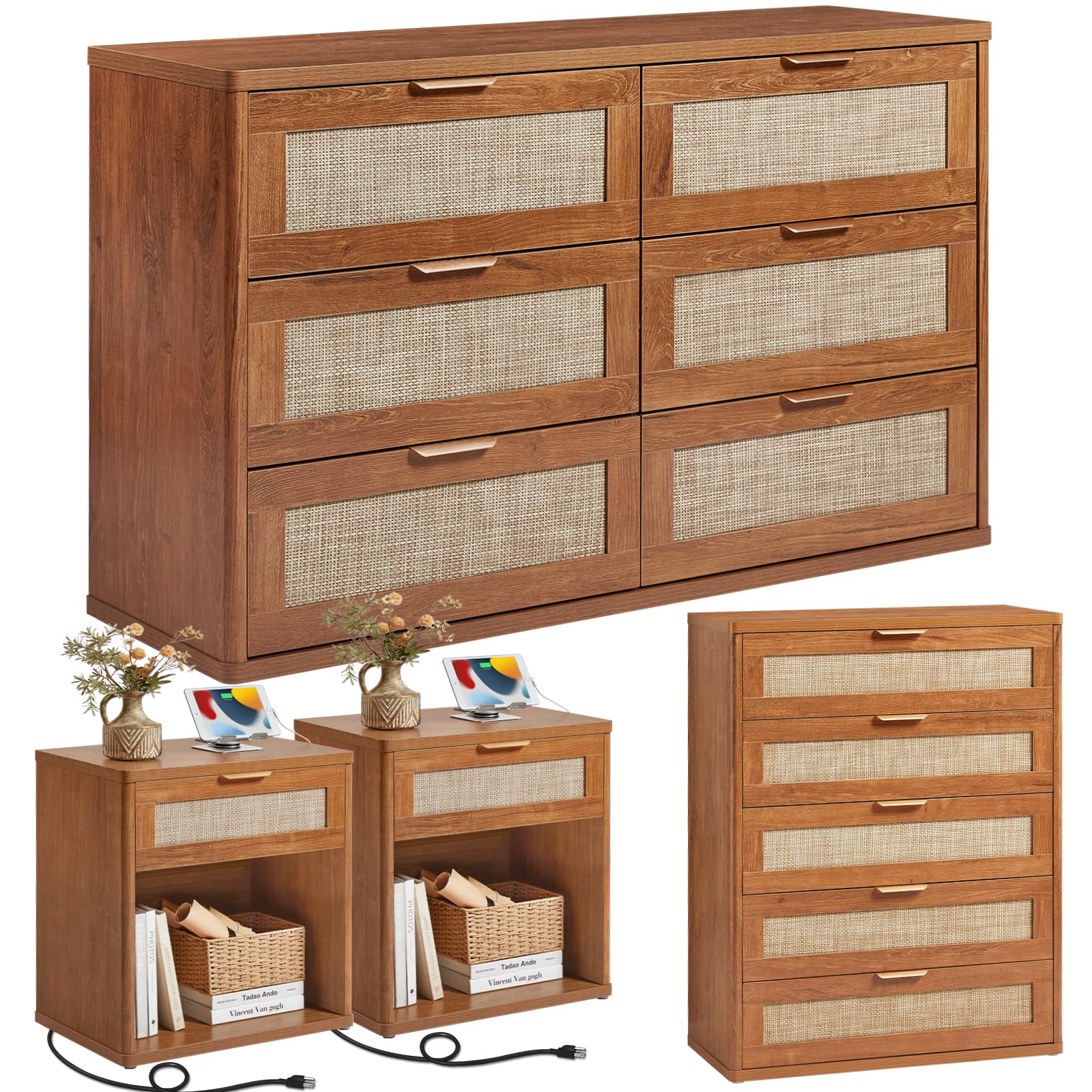 LEYAOYAO Rattan Dresser and Nightstand Sets 4 Piece, Grey White