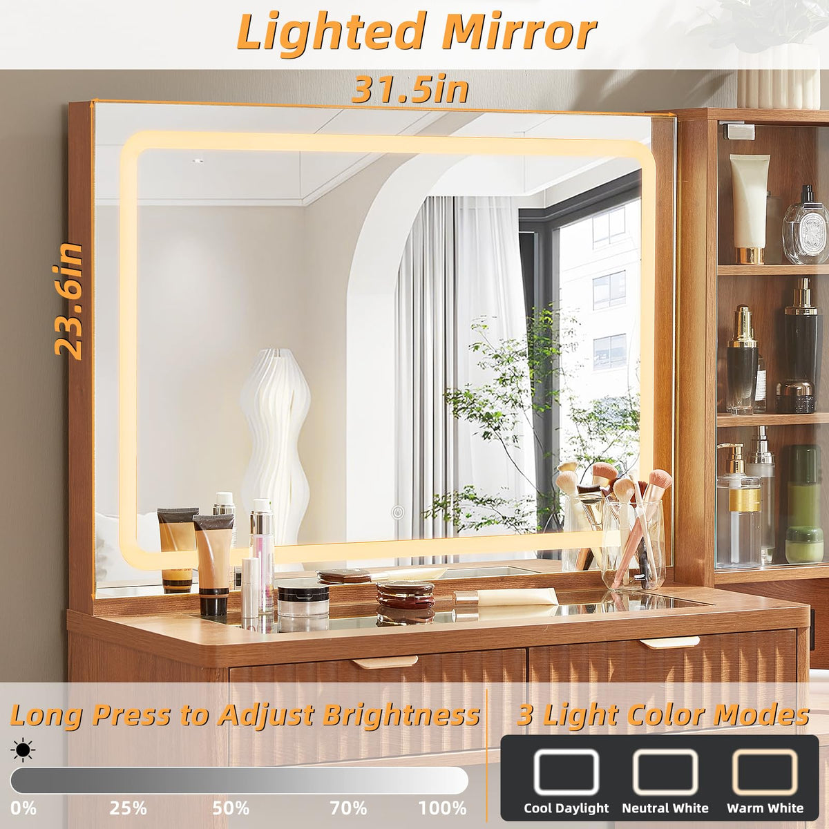 LEYAOYAO Fluted Makeup Vanity Desk with Mirror and Lights, 43.5''