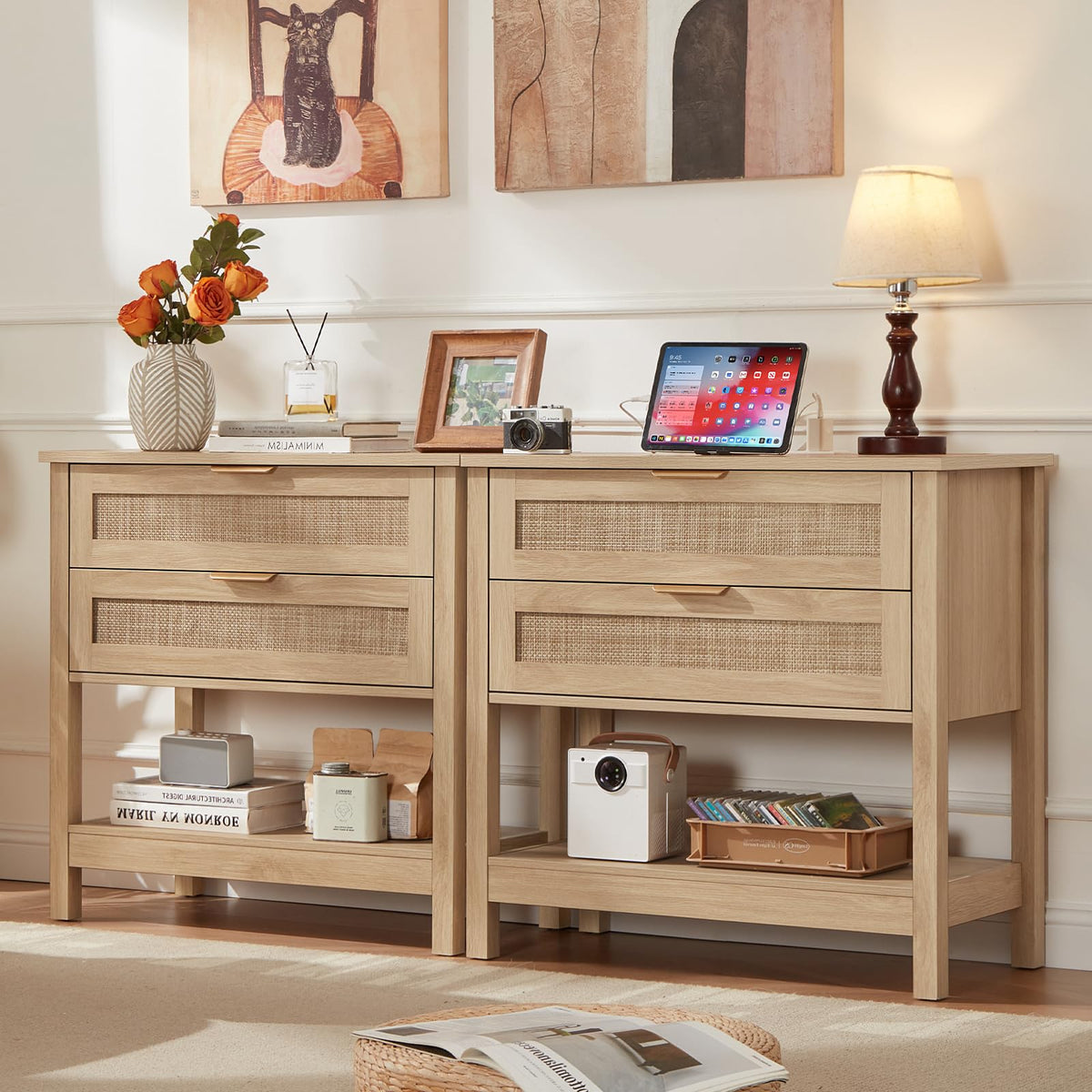 Lerliuo 31.5" Wide Rattan Nightstand,Oversized Large Boho Night Stand with 2 Drawers, 30" Tall Grey White Bedside Table with Storage Shelf, Bed Side End Tables for Bedroom, Living Room, Hallway