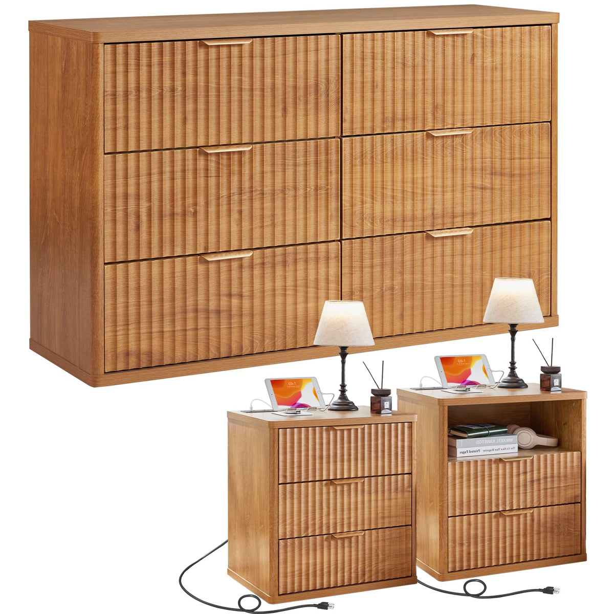 LEYAOYAO 48" Wide Fluted Dresser and 1 Drawers 23" Nightstand Set of 2, Wooden Dresser & Night Stand with Charging Station, 3 Piece Bedroom Furniture Set, Chest of Drawer for Living Room,Antique White