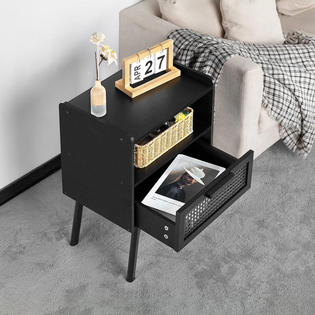 Lerliuo Rattan Nightstand, Boho Side Table with Drawer Open Shelf
