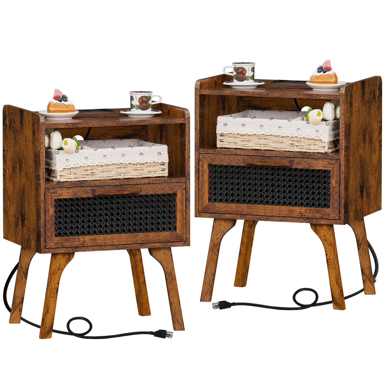 Lerliuo Rattan Nightstand with Charging Station, Boho Night Stand