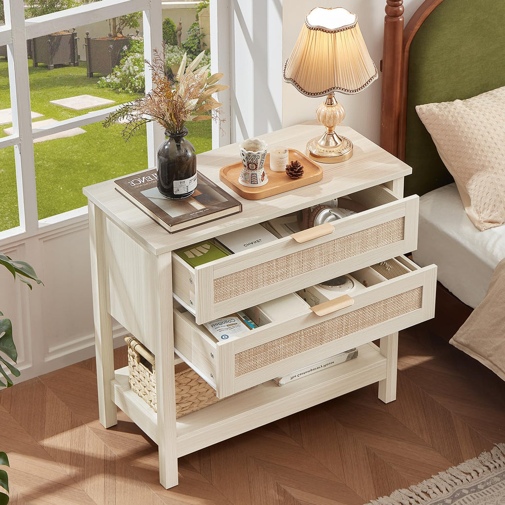 Lerliuo 31.5" Wide Rattan Nightstand,Oversized Large Boho Night Stand with 2 Drawers, 30" Tall Grey White Bedside Table with Storage Shelf, Bed Side End Tables for Bedroom, Living Room, Hallway