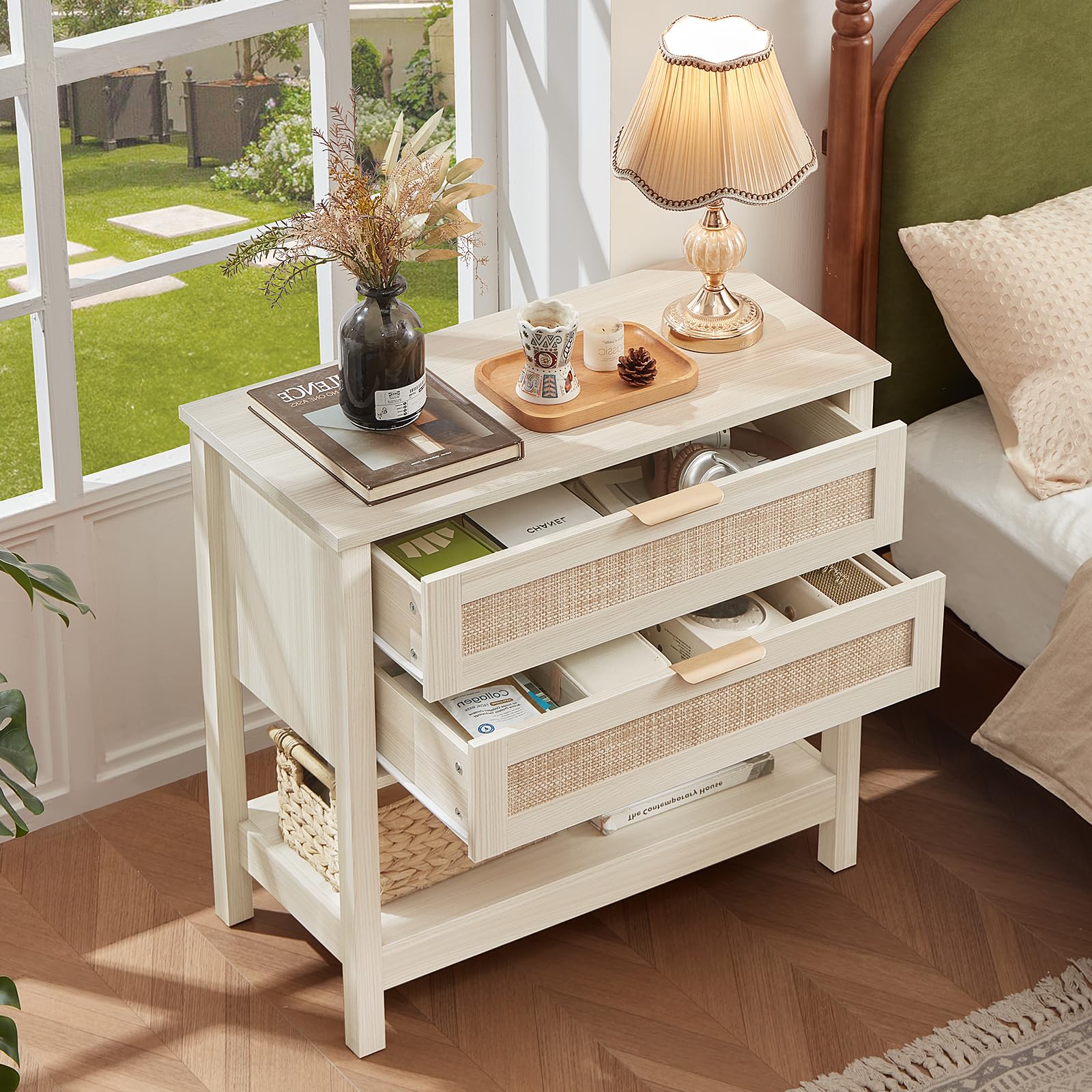 Lerliuo 31.5" Wide Rattan Nightstand,Oversized Large Boho Night Stand with 2 Drawers, 30" Tall Grey White Bedside Table with Storage Shelf, Bed Side End Tables for Bedroom, Living Room, Hallway