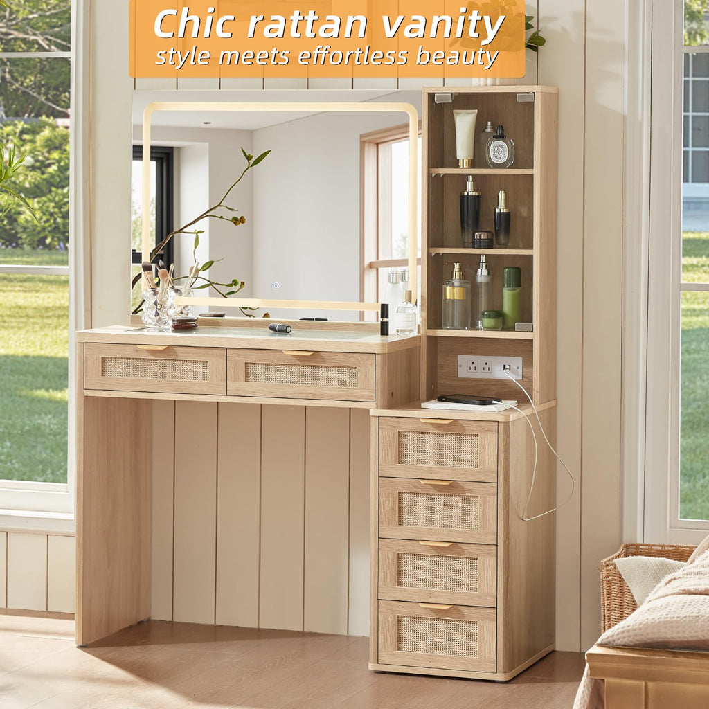 LEYAOYAO Rattan Makeup Vanity Desk with Stool, Mirror and Lights