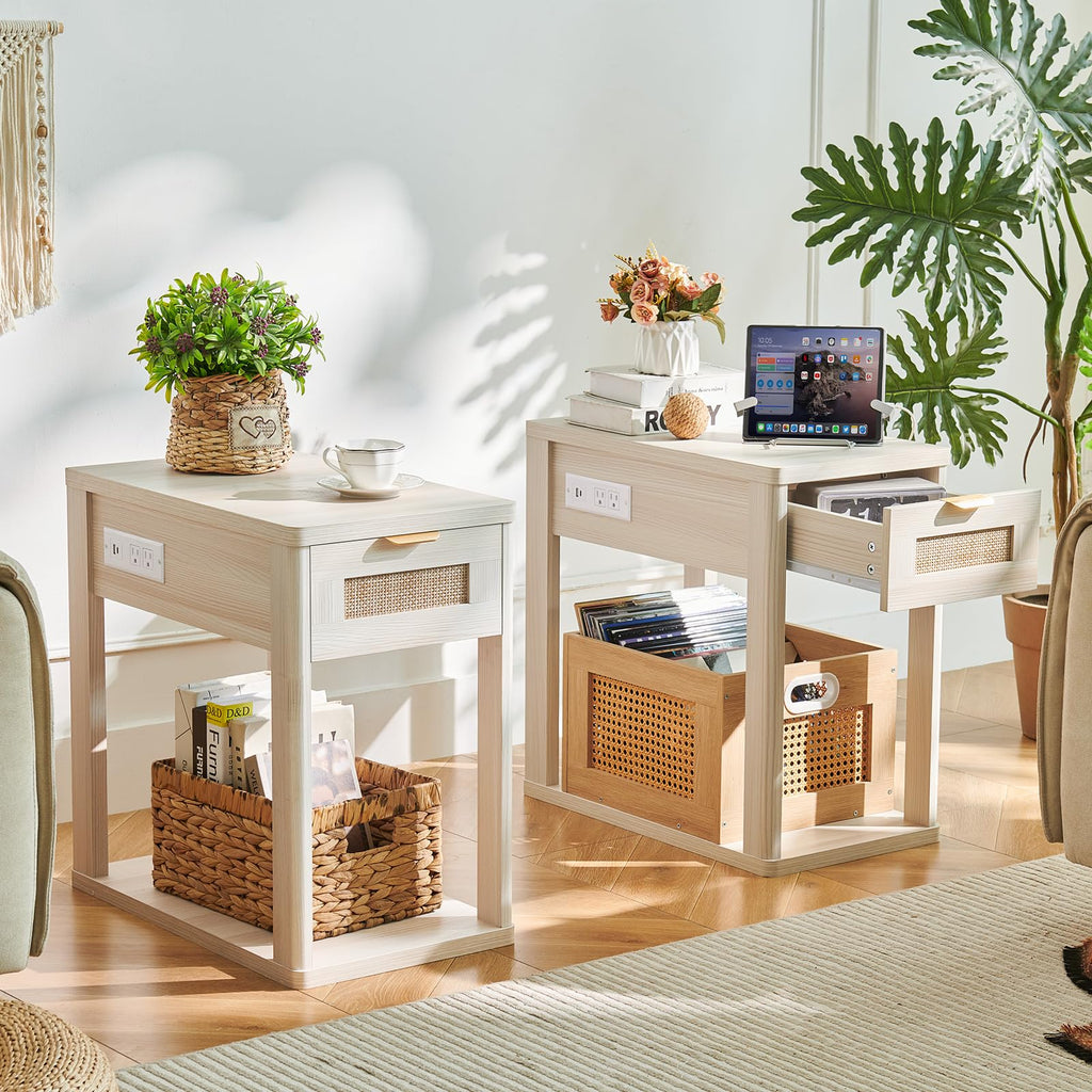 LEYAOYAO Narrow Side Table with Charging Station, Rattan 24 x 14''