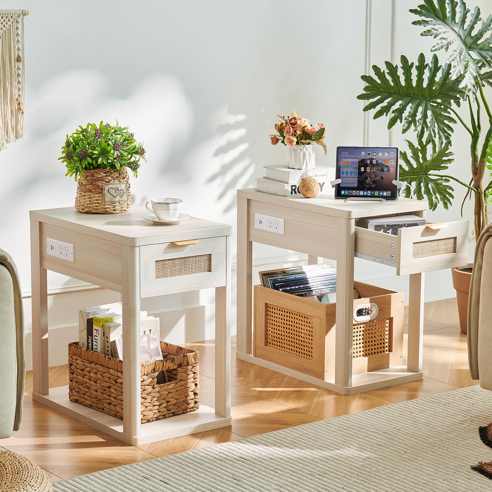 LEYAOYAO Narrow Side Table with Charging Station, Rattan 24 x 14''