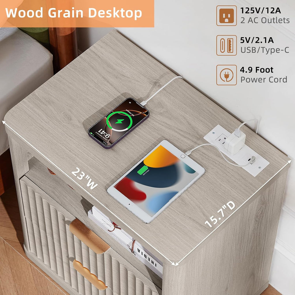 LEYAOYAO 23" Wide Fluted Night Stand with Charging Station, 2 Drawers Large End Table with Storage, LightGrey Nightstand Wood Bedside Tables, Farmhouse Cabinet Dresser for Bedroom, Closet