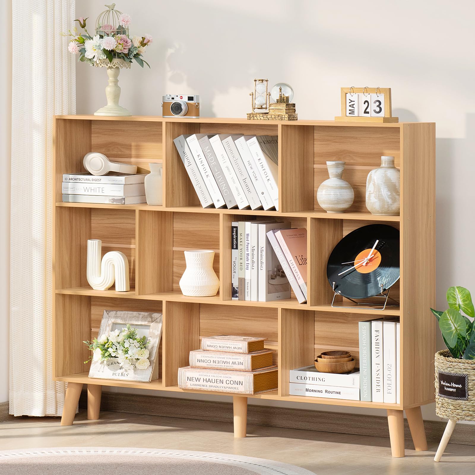 LEYAOYAO Cube Bookshelf, Mid-Century Modern Book Shelf with Legs, Brown