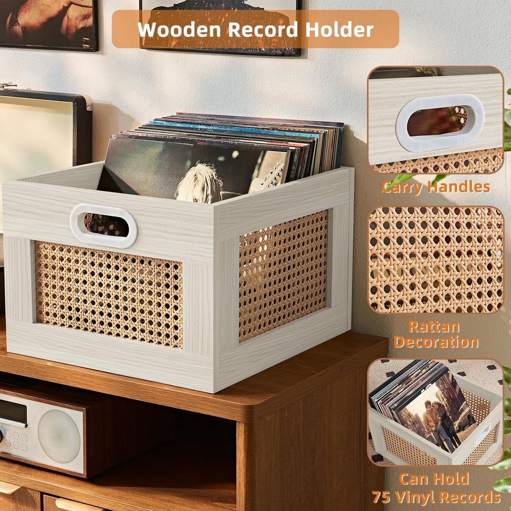 LEYAOYAO Vinyl Record Storage, Rattan Record Crate for Vinyl Albums Holder