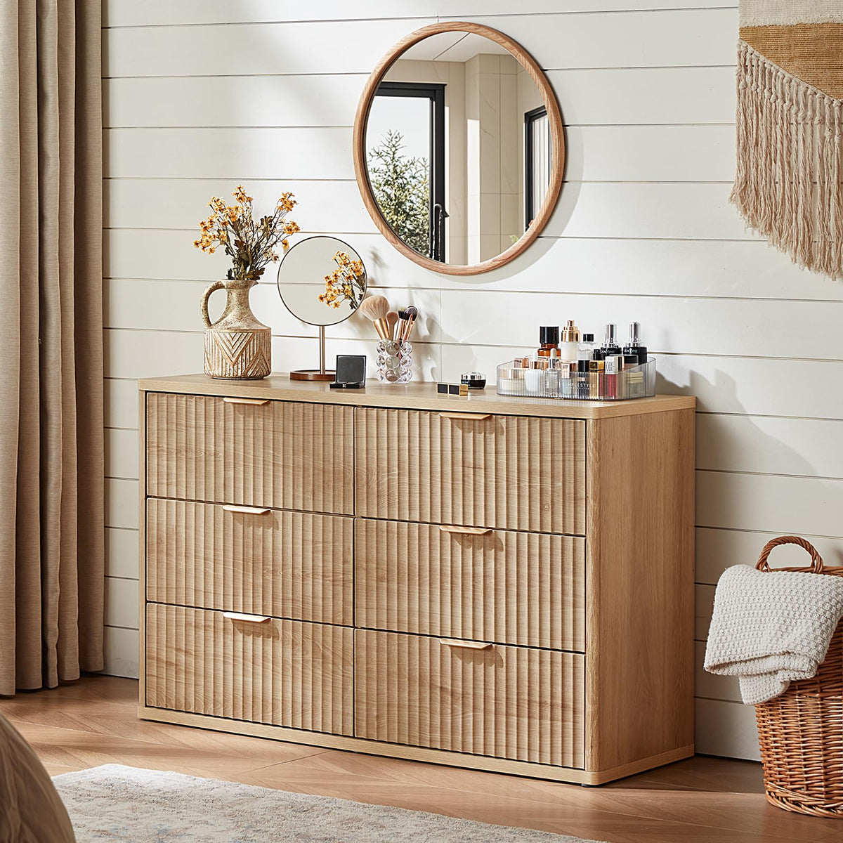 LEYAOYAO Fluted 5 Drawers Dresser for Bedroom, 41" Tall Modern Chest of Drawers with Metal Handle, Curved Profile Design,Natural Wood Drawer Organizer for Bedroom, Living Room, Hallway, Entryway