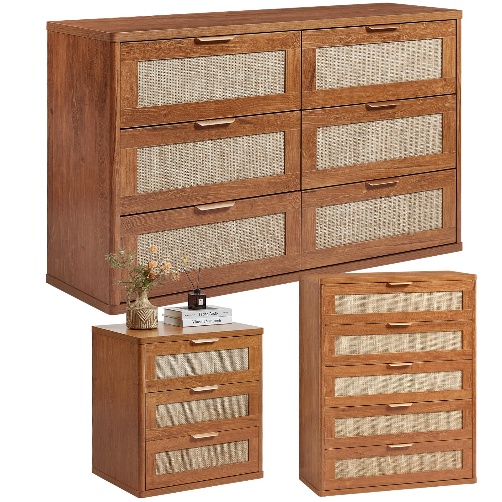 LEYAOYAO Rattan Dresser and Nightstand Set of 3, Boho Wood Dresser for Bedroom with 6 Drawers and Night Stand with Charging Station, Bedroom Furniture, Dressers & Chests of Drawers,Hallway,Living Room