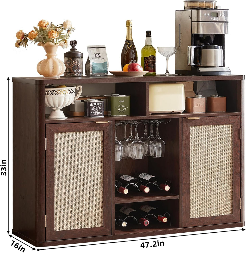 Lerliuo Rattan Wine Bar Cabinet with 2 Doors, Walnut