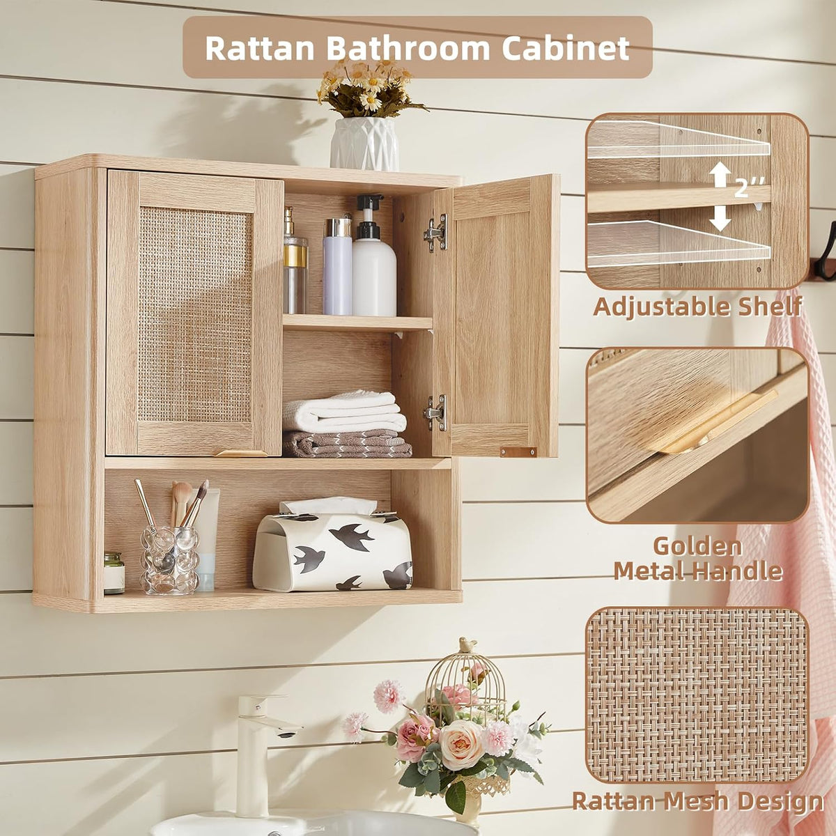 LEYAOYAO Rattan Bathroom Wall Storage Cabinet, Boho Medicine Cabinet