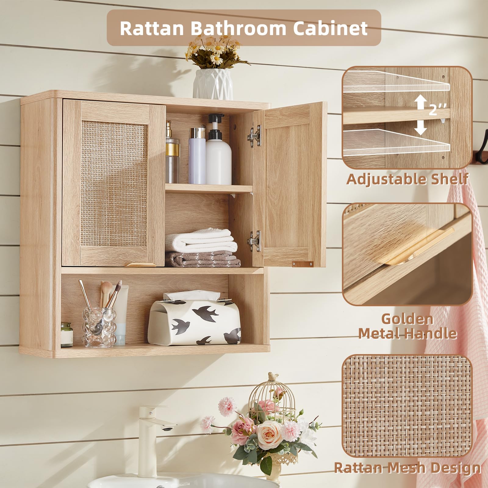 LEYAOYAO 68" Boho Over the Toilet Storage Cabinet with Rattan Sliding Door
