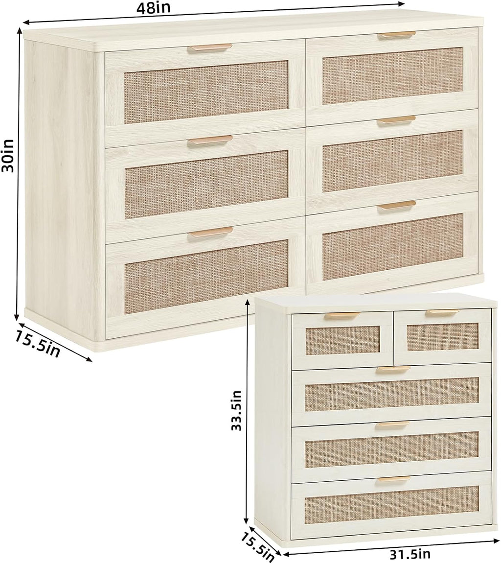 LEYAOYAO Rattan Bedroom Dresser Set of 2, Boho Wood 48" Wide 6 Drawers Dresser for Bedroom and 31.5" Tall 5 Drawers Dressers, Bedrooms Furniture, Dressers & Chests of Drawers, Living Room, Hallway