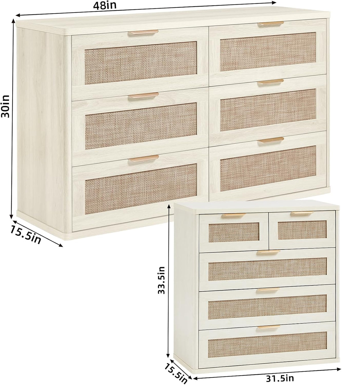 LEYAOYAO Rattan Bedroom Dresser Set of 2, Boho Wood 48" Wide 6 Drawers Dresser for Bedroom and 31.5" Tall 5 Drawers Dressers, Bedrooms Furniture, Dressers & Chests of Drawers, Living Room, Hallway