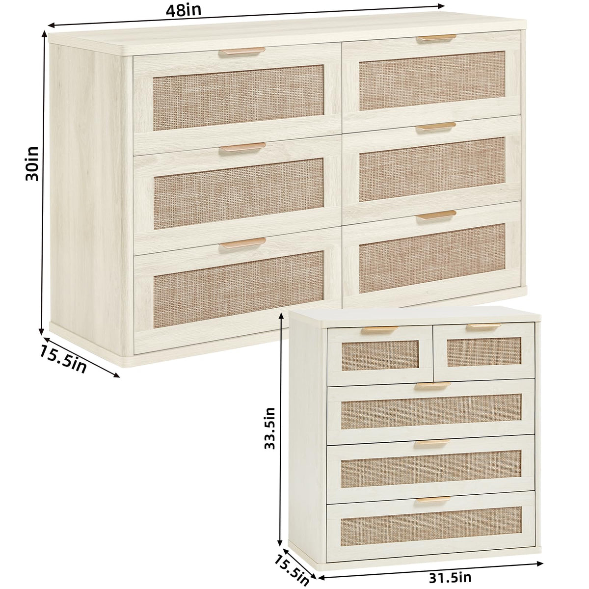 LEYAOYAO Rattan Bedroom Dresser Set of 2, Boho Wood 48" Wide 6 Drawers Dresser for Bedroom and 31.5" Tall 5 Drawers Dressers, Bedrooms Furniture, Dressers & Chests of Drawers, Living Room, Hallway