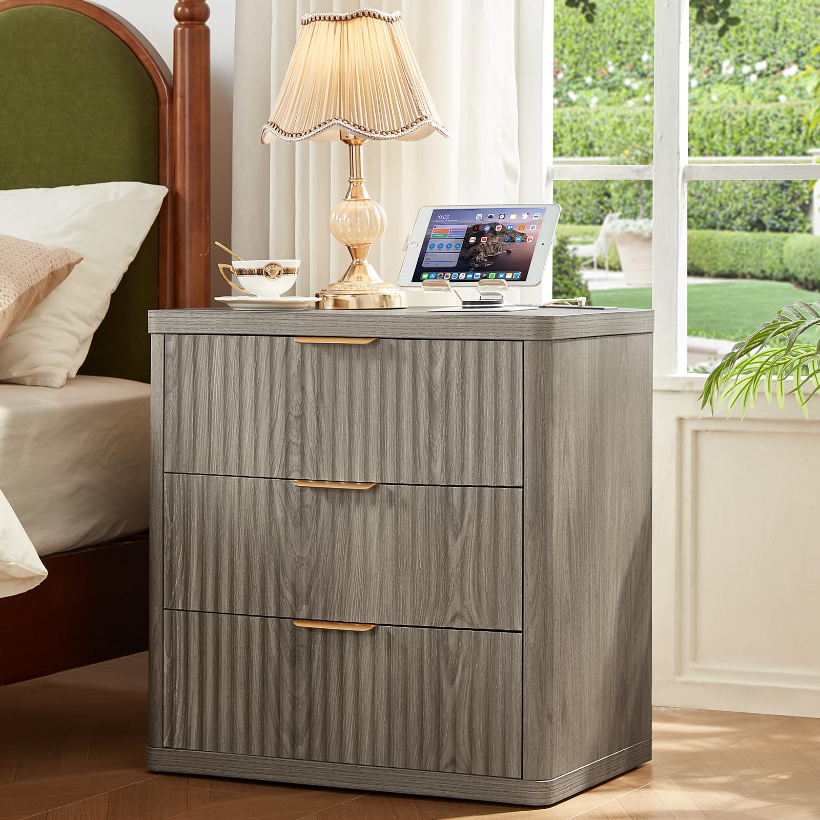LEYAOYAO Fluted Dressers & Nightstand Set of 4, Wood 48" Wide Dresser & 42" Tall Chest of Drawers,Modern Bedroom Furniture Sets, Natural Wooden Nightstand Set of 2 with 3 Drawers & Charging Station