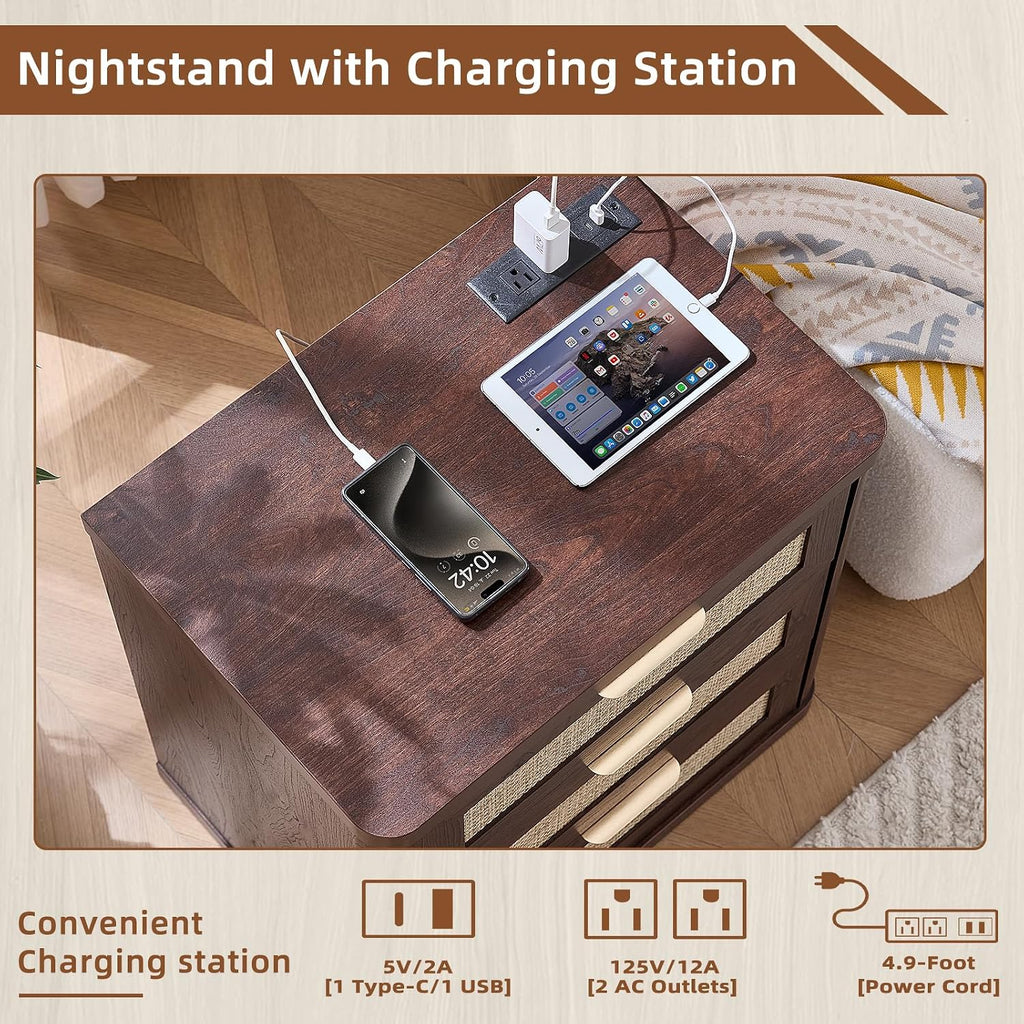 LEYAOYAO Rattan 23" Nightstands with Charger Station 2 Drawers