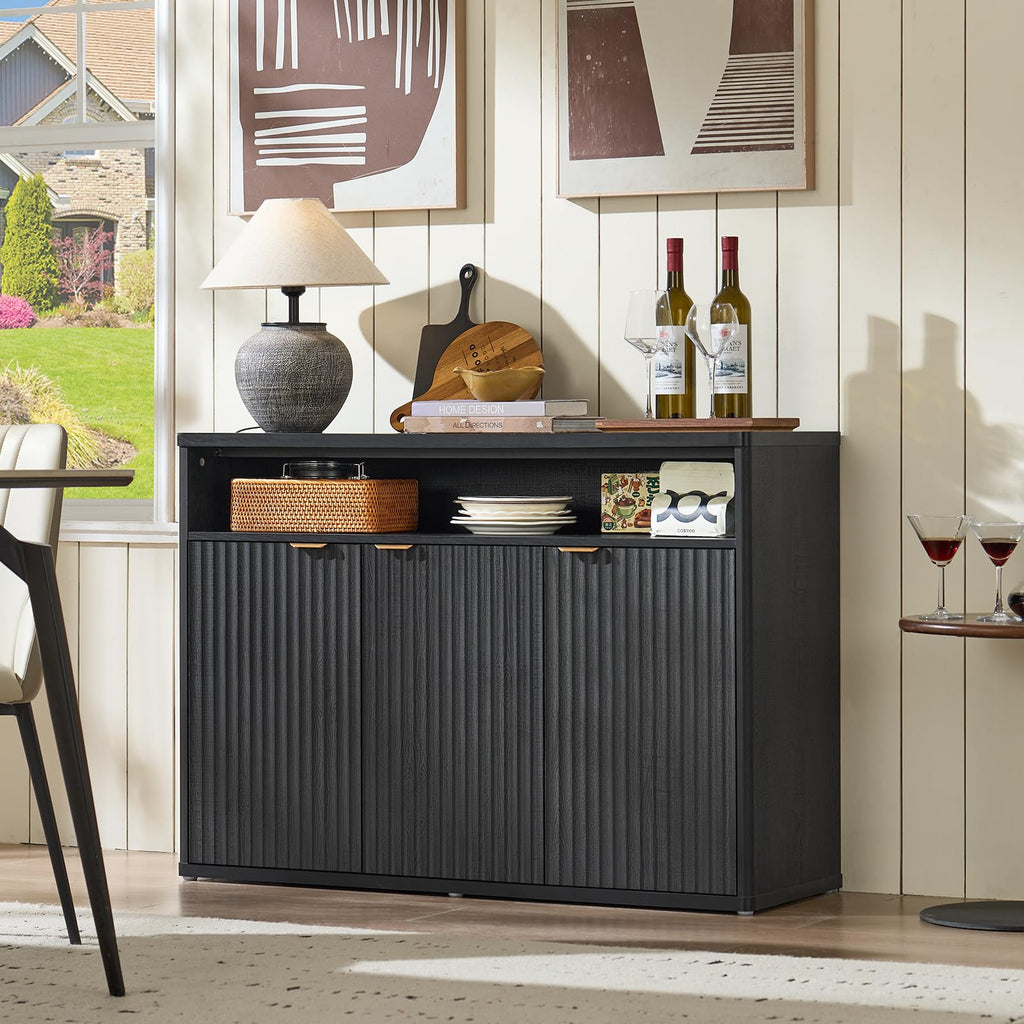 LEYAOYAO 45-Inch Fluted Buffet Cabinet with 3 Doors,Dark Blue