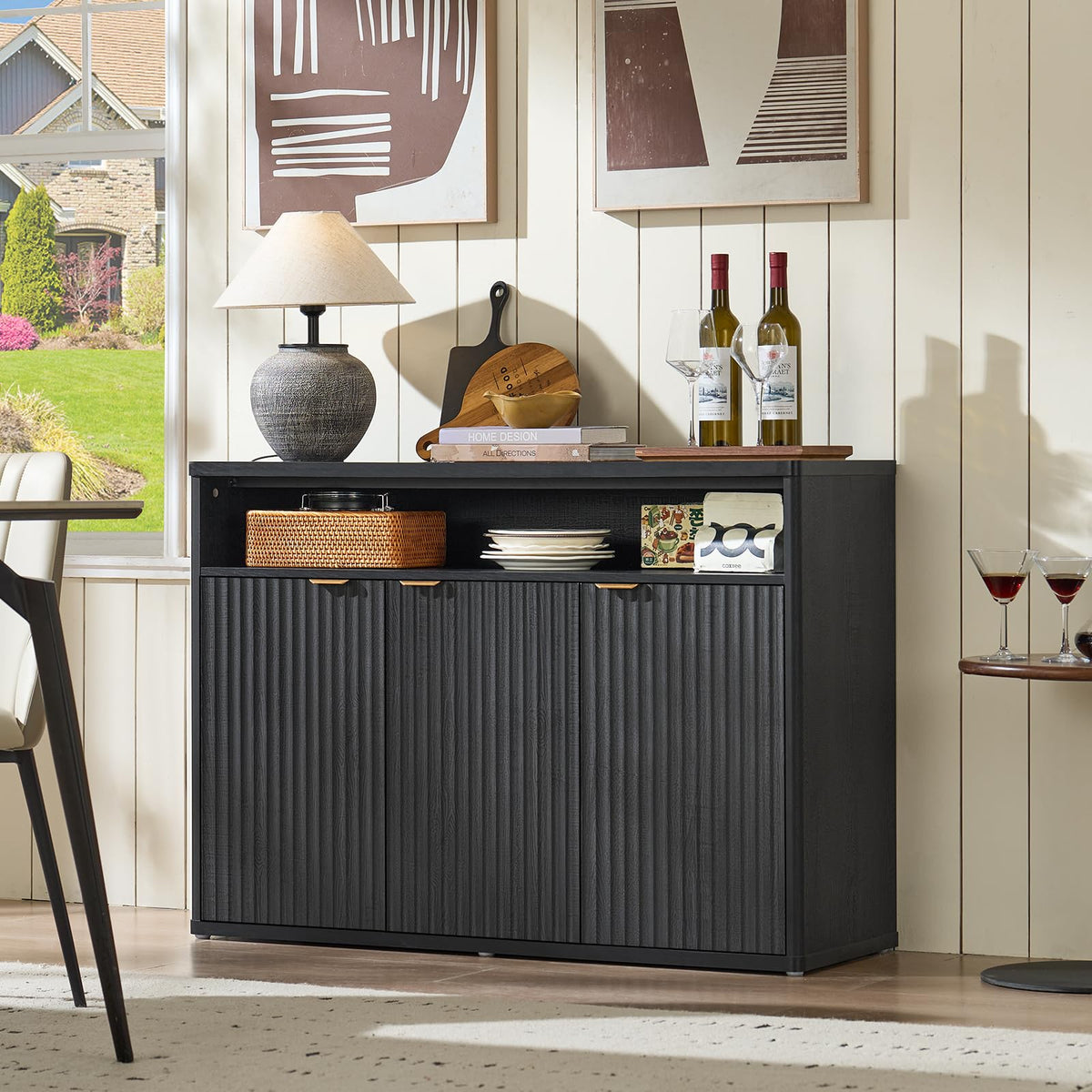 LEYAOYAO 45-Inch Fluted Buffet Cabinet with 3 Doors,Dark Blue