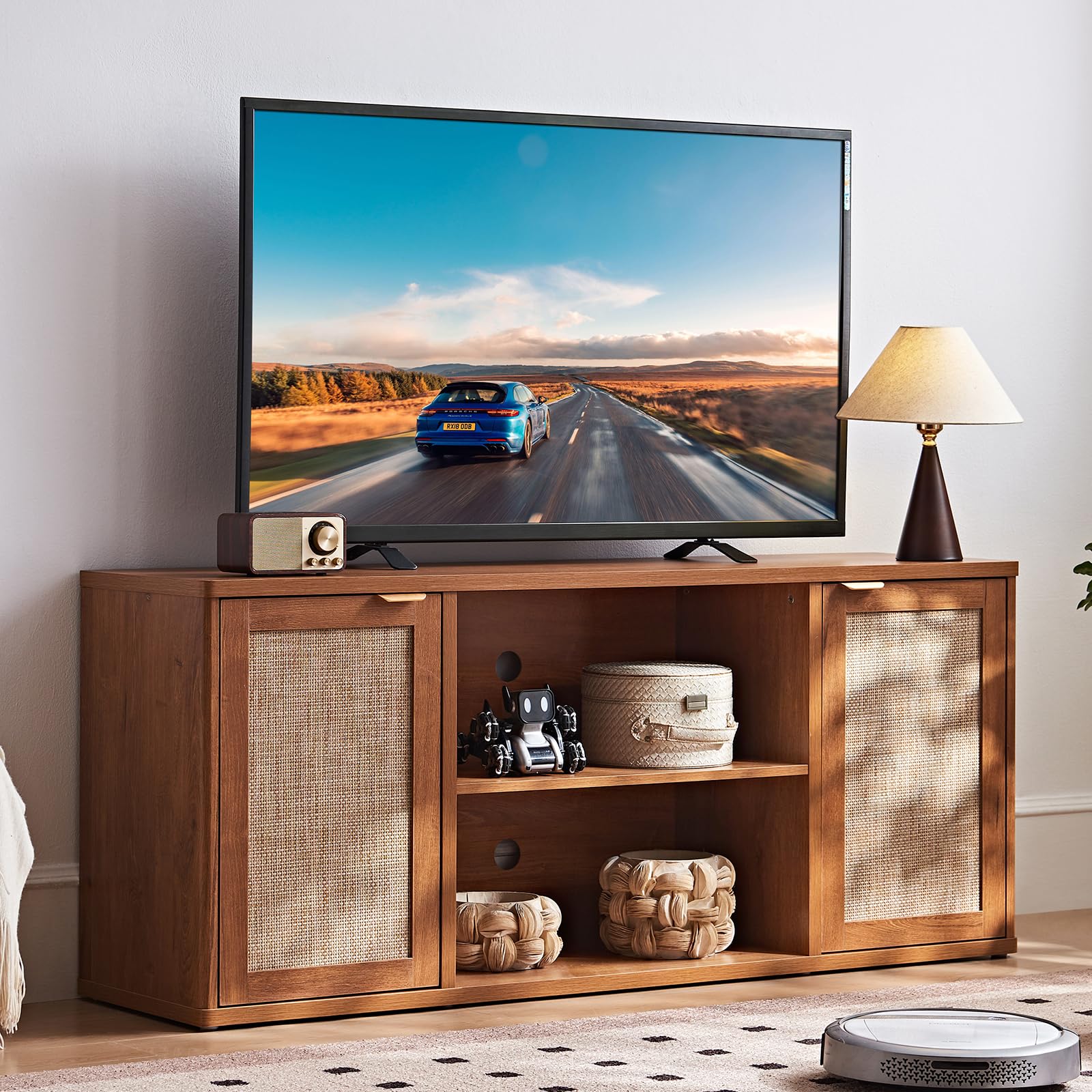 LEYAOYAO Rattan TV Stands for Living Room, Walnut