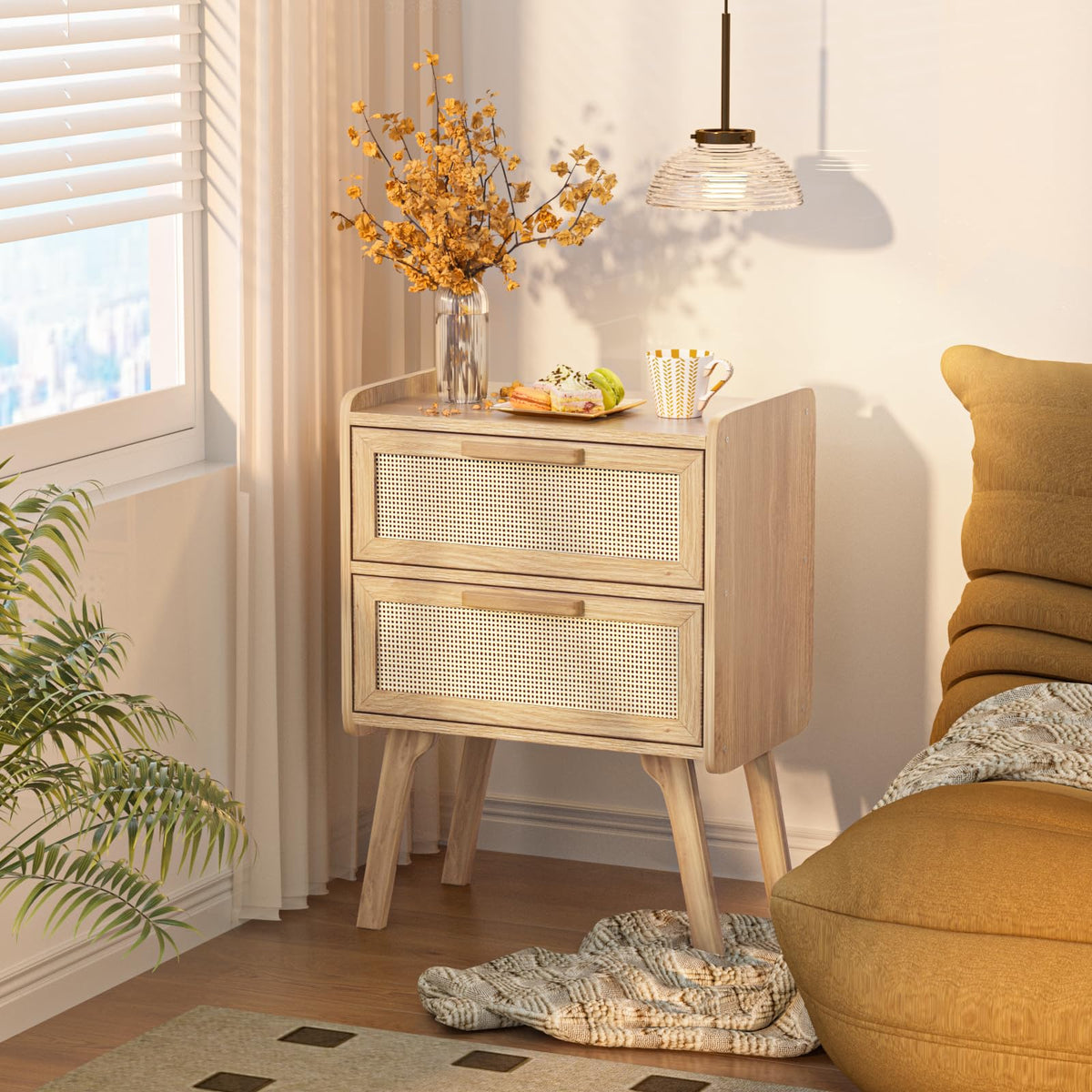 Lerliuo Rattan Nightstands Set of 2 for Bedroom, 2 Drawers