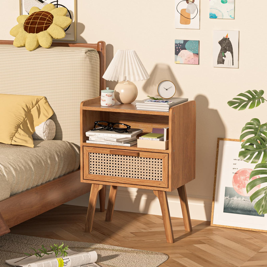 Lerliuo Rattan Nightstand, Boho Side Table with Drawer Open Shelf
