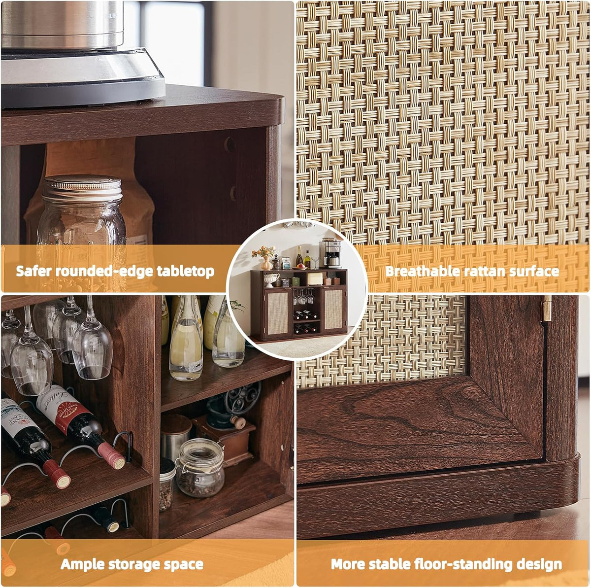 Lerliuo Rattan Wine Bar Cabinet with 2 Doors, Walnut