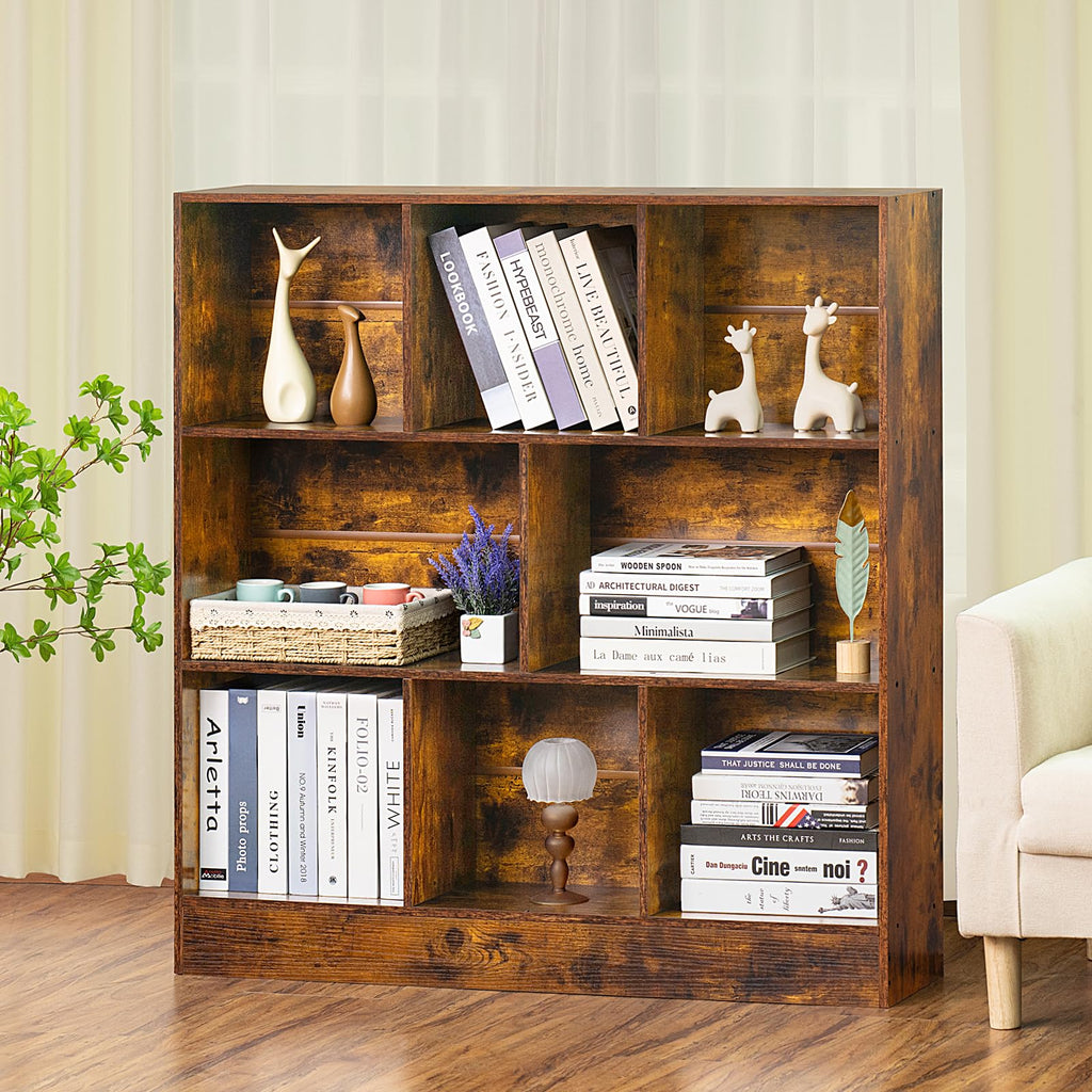 LEYAOYAO 7 Cube Bookshelf with Base,3 Tier Mid-Century Modern Blue Bookcase,Standing Wide Bookshelves Storage Organizer Shelf,Rustic Wood Display Cabinet Book Shelves for Bedroom,Living Room,Office