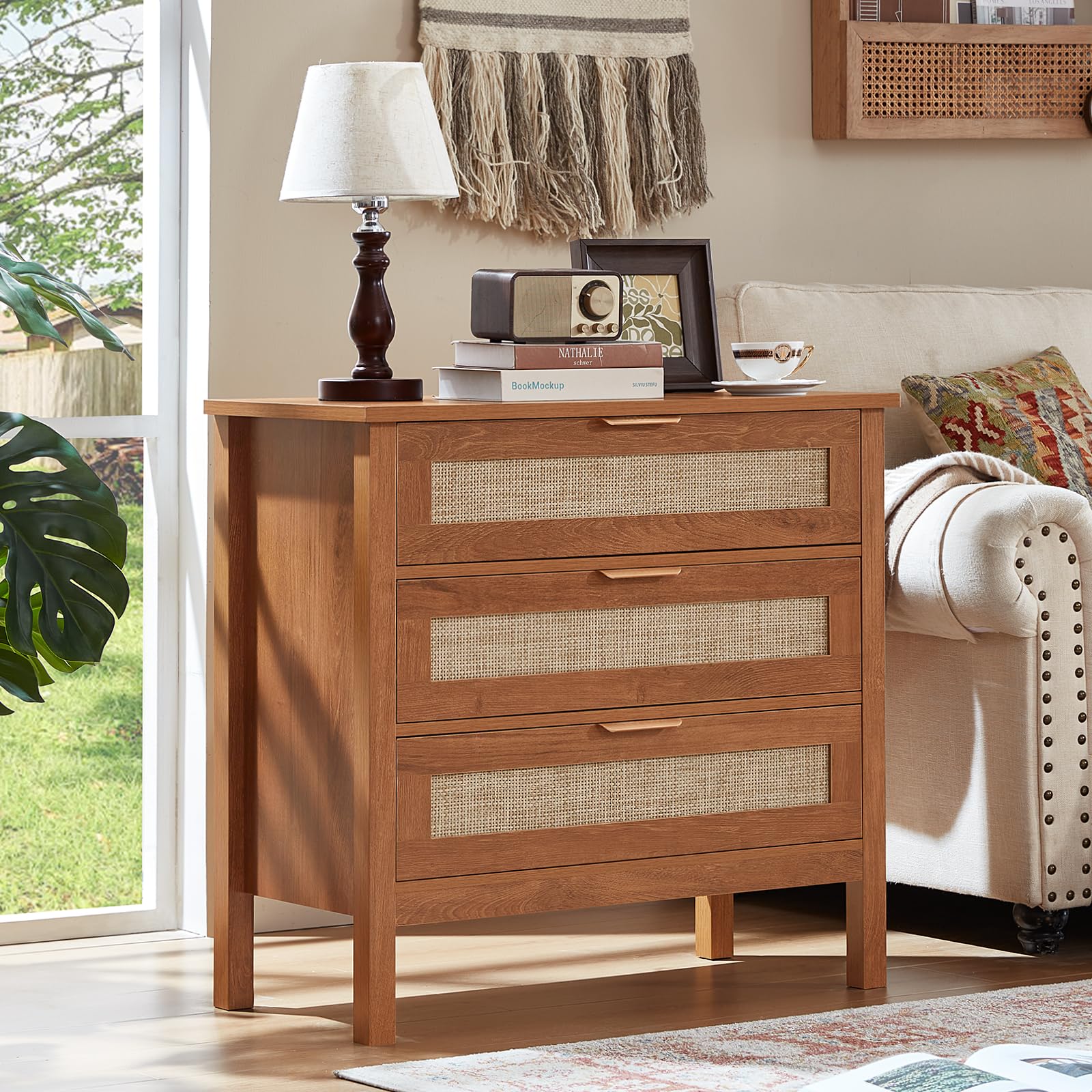 Lerliuo 31.5" Wide Rattan Nightstand,Oversized Large Boho Night Stand with 2 Drawers, 30" Tall Grey White Bedside Table with Storage Shelf, Bed Side End Tables for Bedroom, Living Room, Hallway