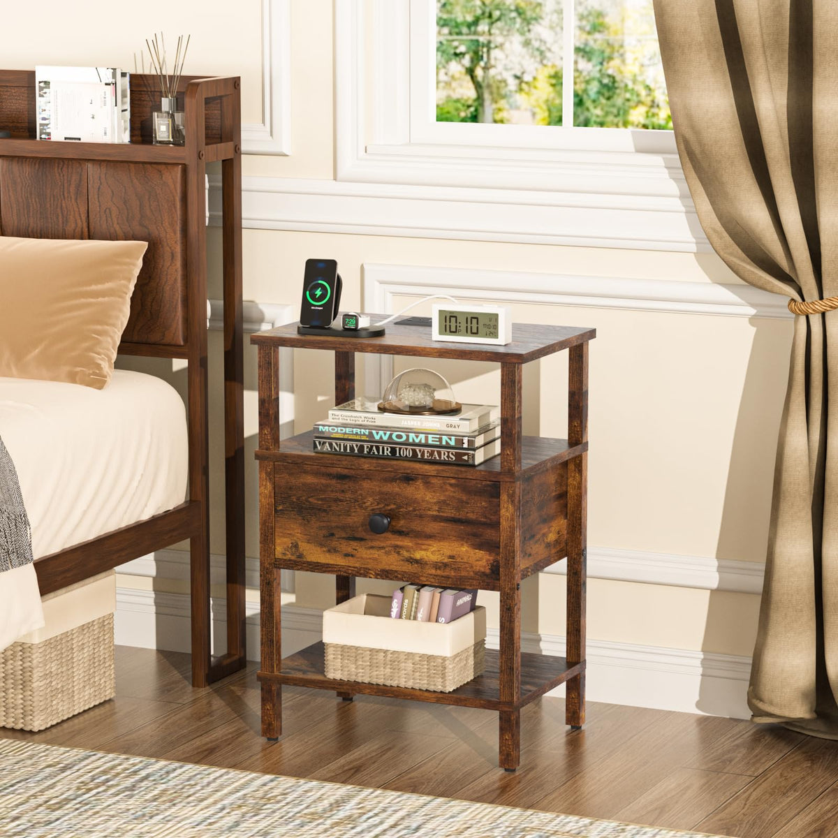 Lerliuo Nightstand Set 2 with Charger, 3 Tier Storage End Table