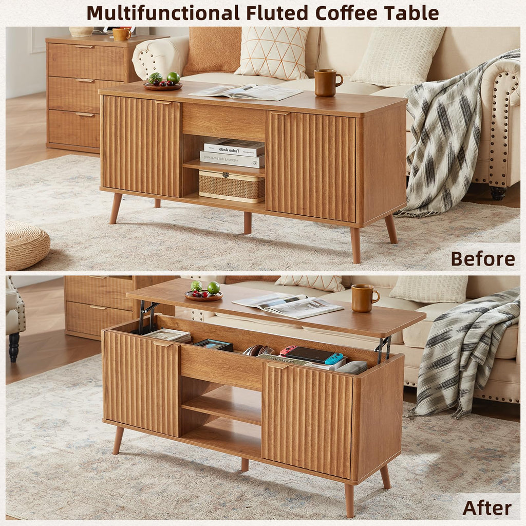 LEYAOYAO Fluted Lift Top Coffee Table and Nightstand Set,Wood 48" Wide Center Tables & 23" Night Stand with 3 Drawers,Farmhouse Living Room Suites for Bedroom Home Living Room Hallway,Blue