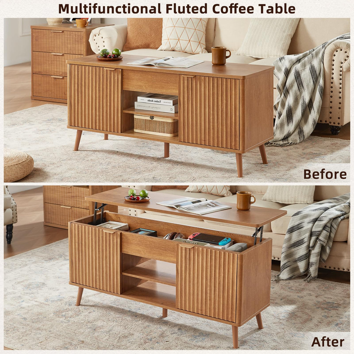 LEYAOYAO Fluted Lift Top Coffee Table and Nightstand Set,Wood 48" Wide Center Tables & 23" Night Stand with 3 Drawers,Farmhouse Living Room Suites for Bedroom Home Living Room Hallway,Blue