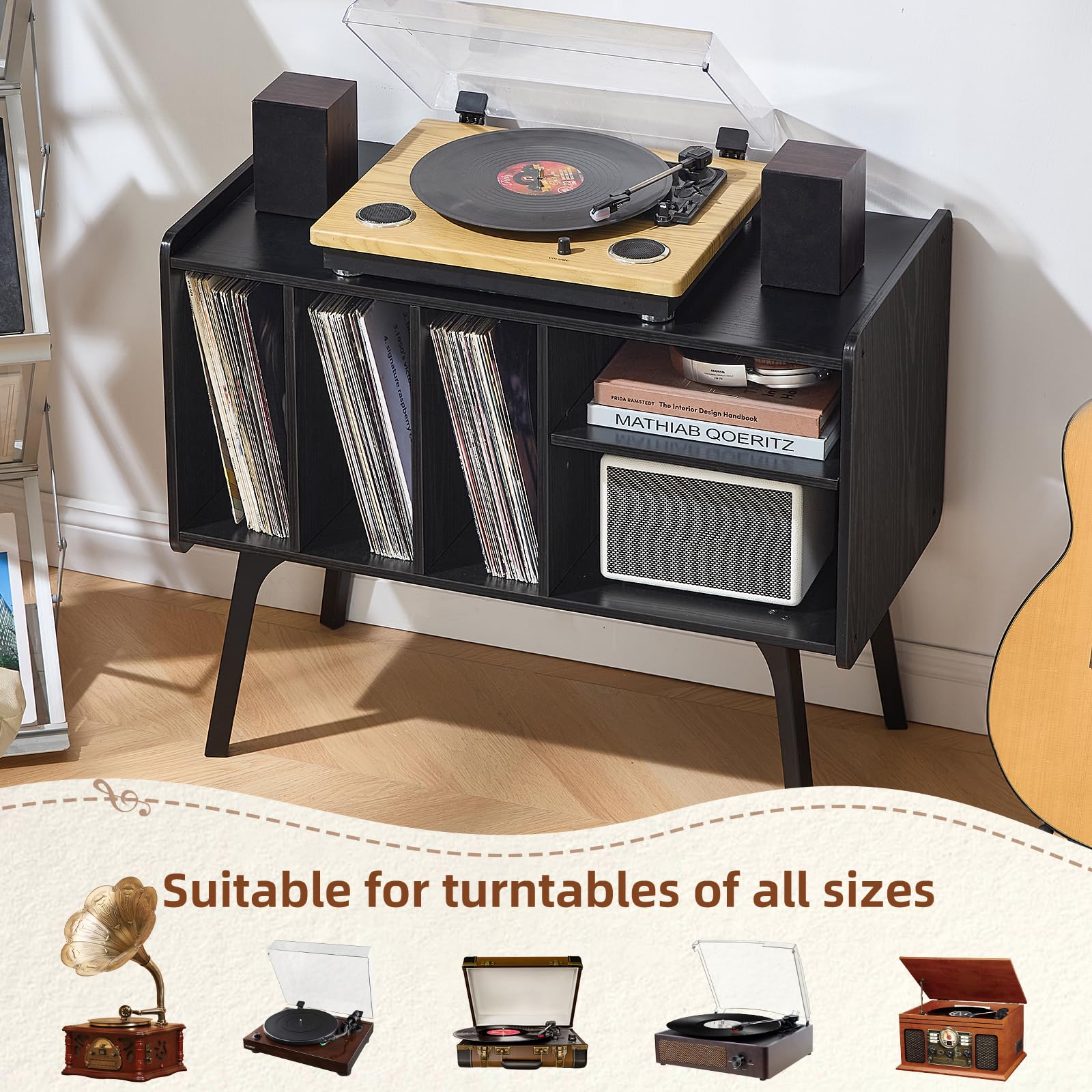 Lerliuo Record Player Stand with 4 Cabinet Holds Up to 220 Albums,Oak